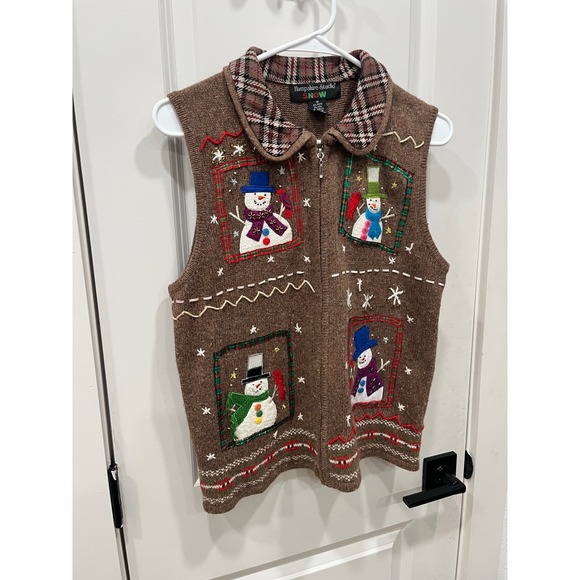 Hampshire Studio SNOW Women's Brown Snowman Ugly Christmas Sweater Vest Size M - Picture 5 of 12